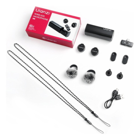 Ulanzi A21 (czarny) - bezprzewodowy zestaw audio, 2x mikrofon (odbiornik USB-C, 24bit, klipsy i paski) - zawartość zestawu